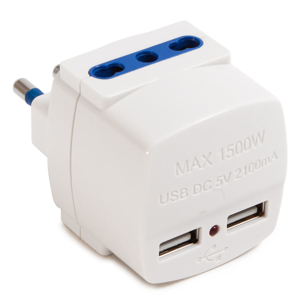 Adaptador 16A 2P+T con 2 USB, Blanco